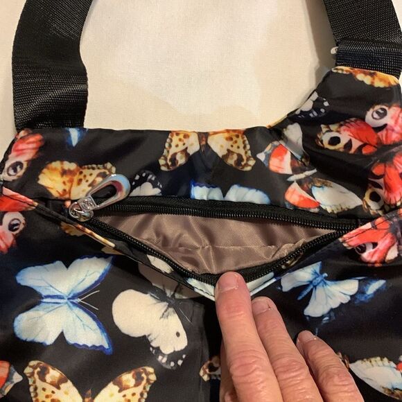 Soyater multi zipper compartment crossbody novelty nylon bag w/butterfly detail. - Picture 5 of 12